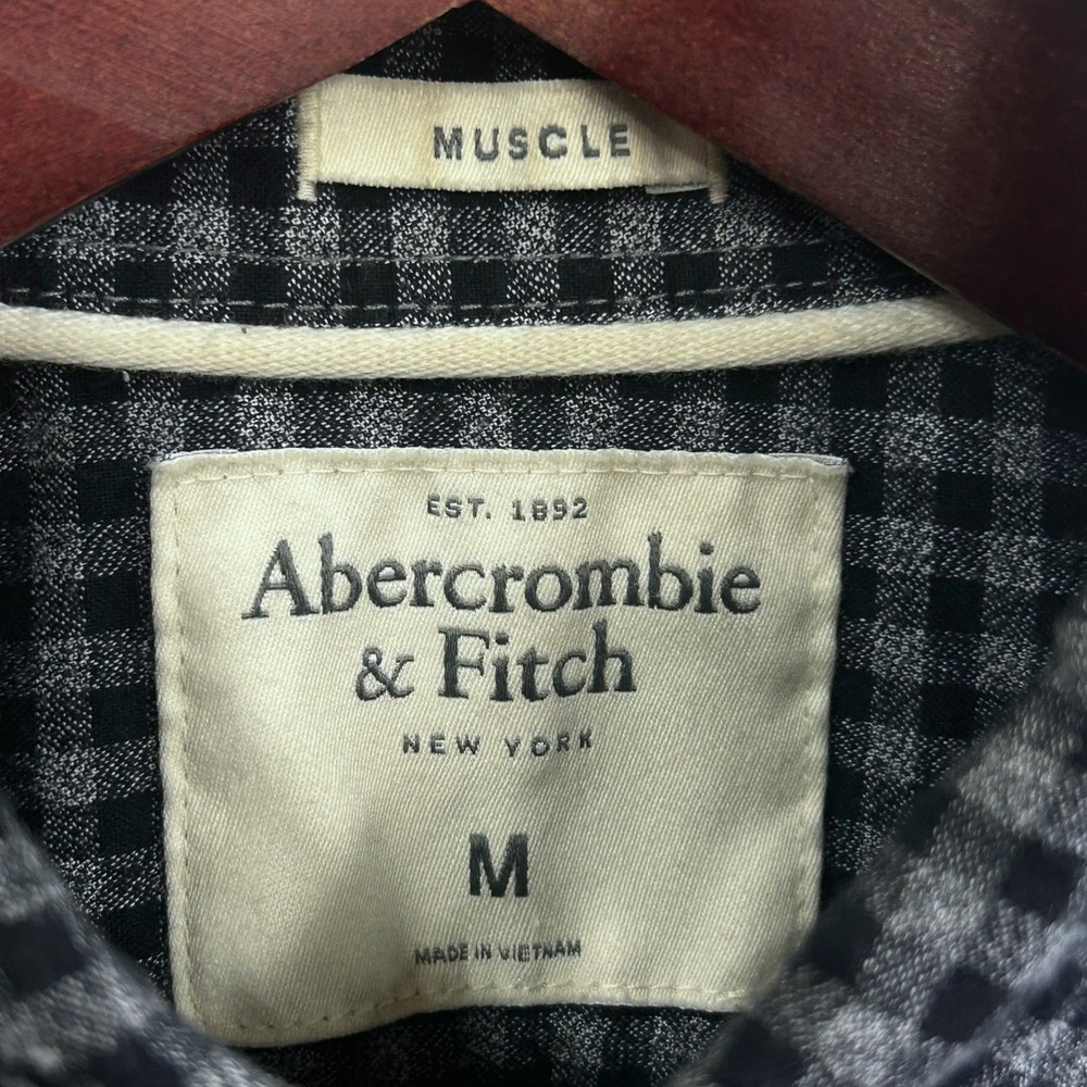 Abercrombie Fitch Muscle Fit Shirt Mens M Black Gingham Long Sleeve Preppy Moose - Picture 5 of 8